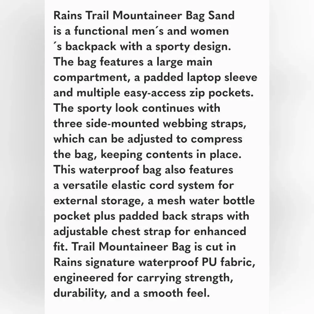 $170 RAINS MOUNTAINEER TRAIL WATERPROOF LAPTOP TAN BLACK BACKPACK TRAVEL BAG NEW